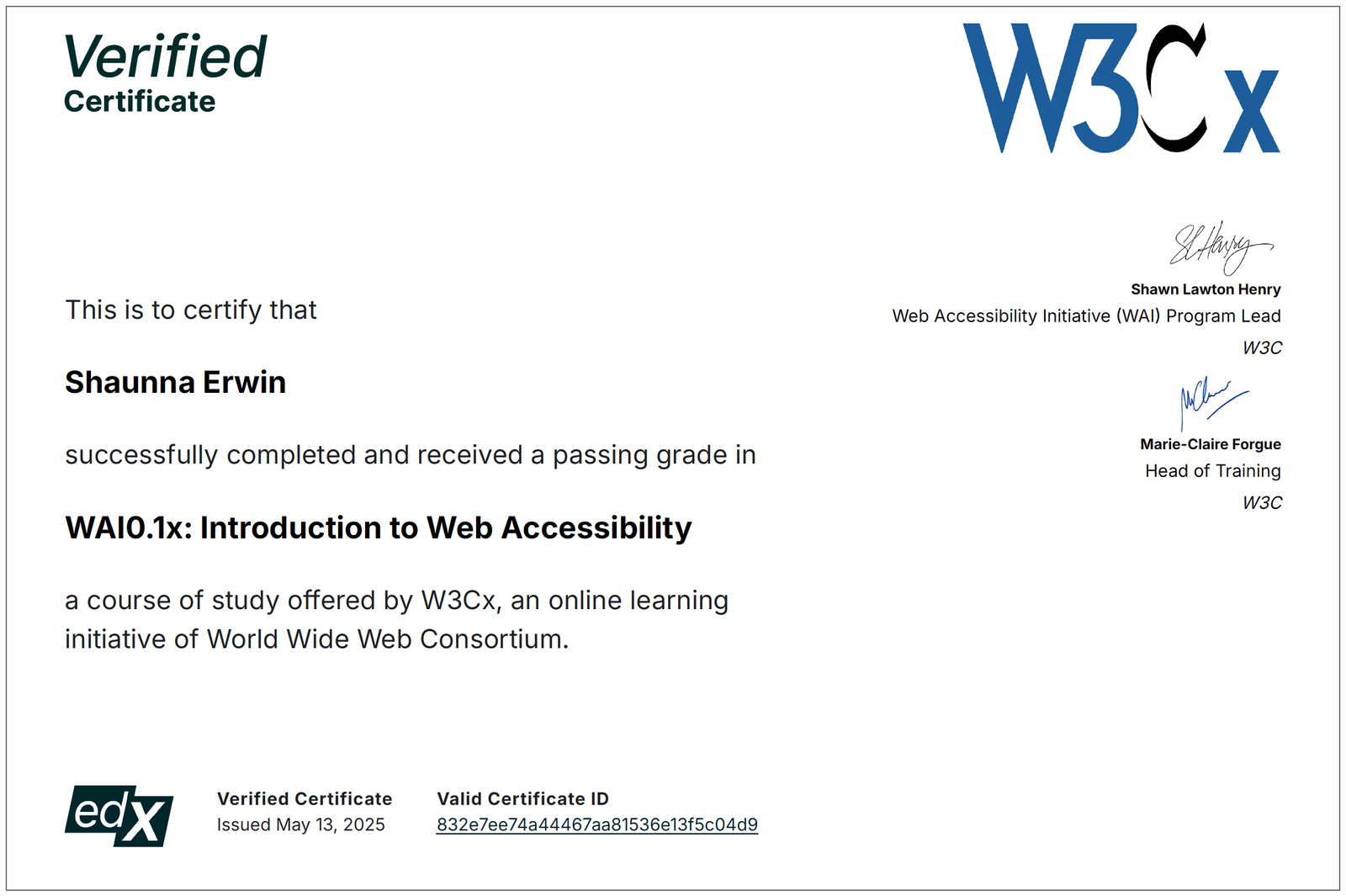 W3Cx Web Accessibility certificate
