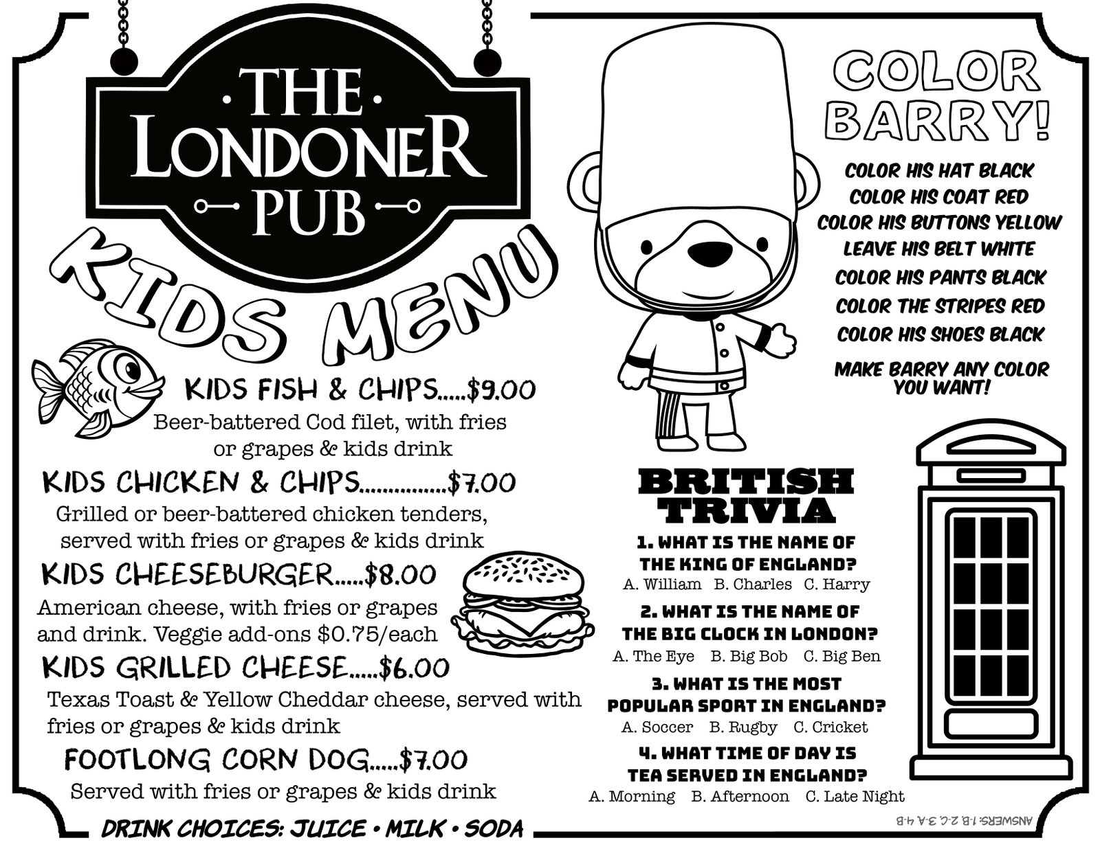 The Londoner Pub Kids' menu